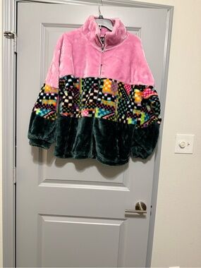 Women's Faux Fur Plush Colorblock Zip-Up Jacket - Pink & Dark Green by Ugg